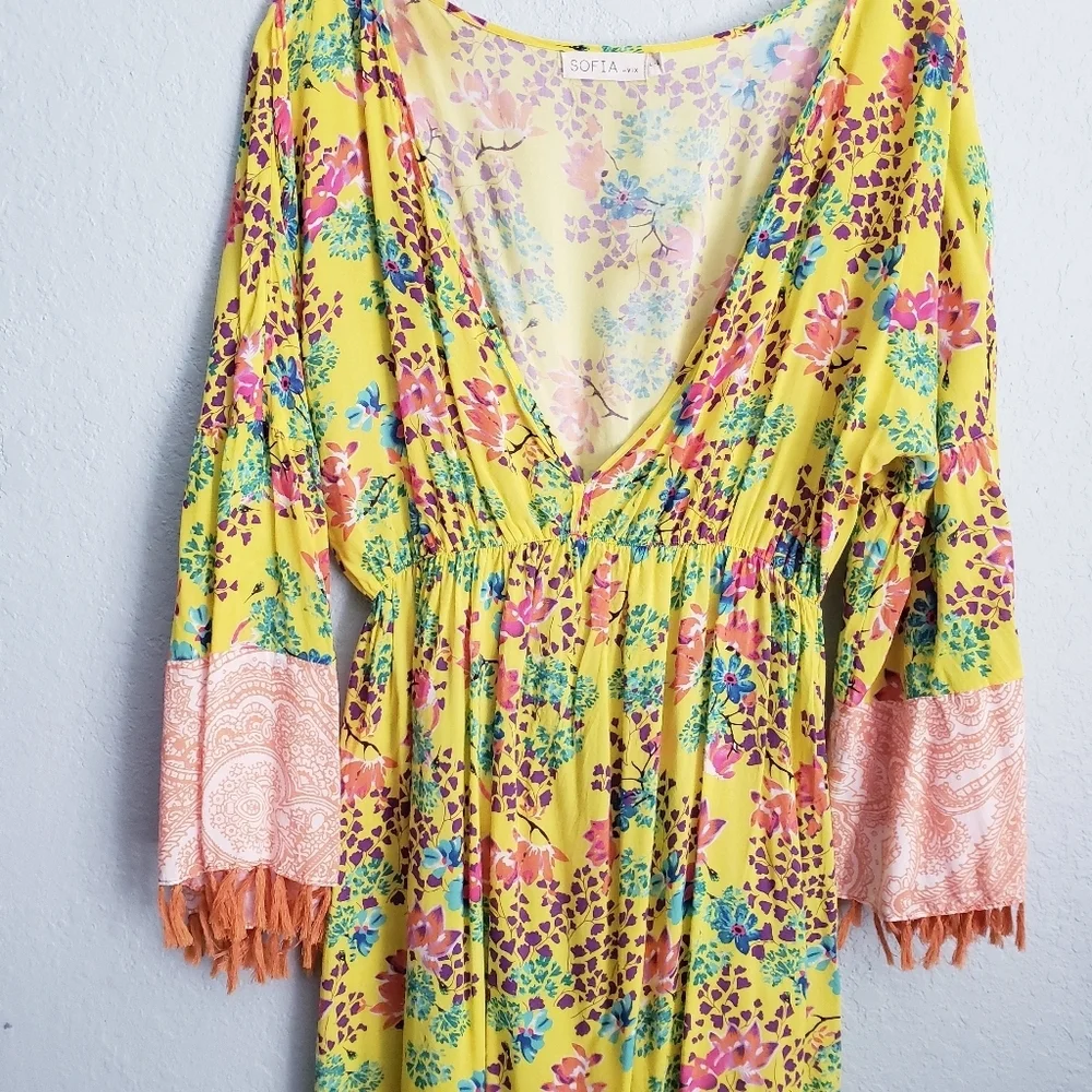 Sofia By Vix Yellow Multicolor Floral Bohemian Swim Coverup Dress